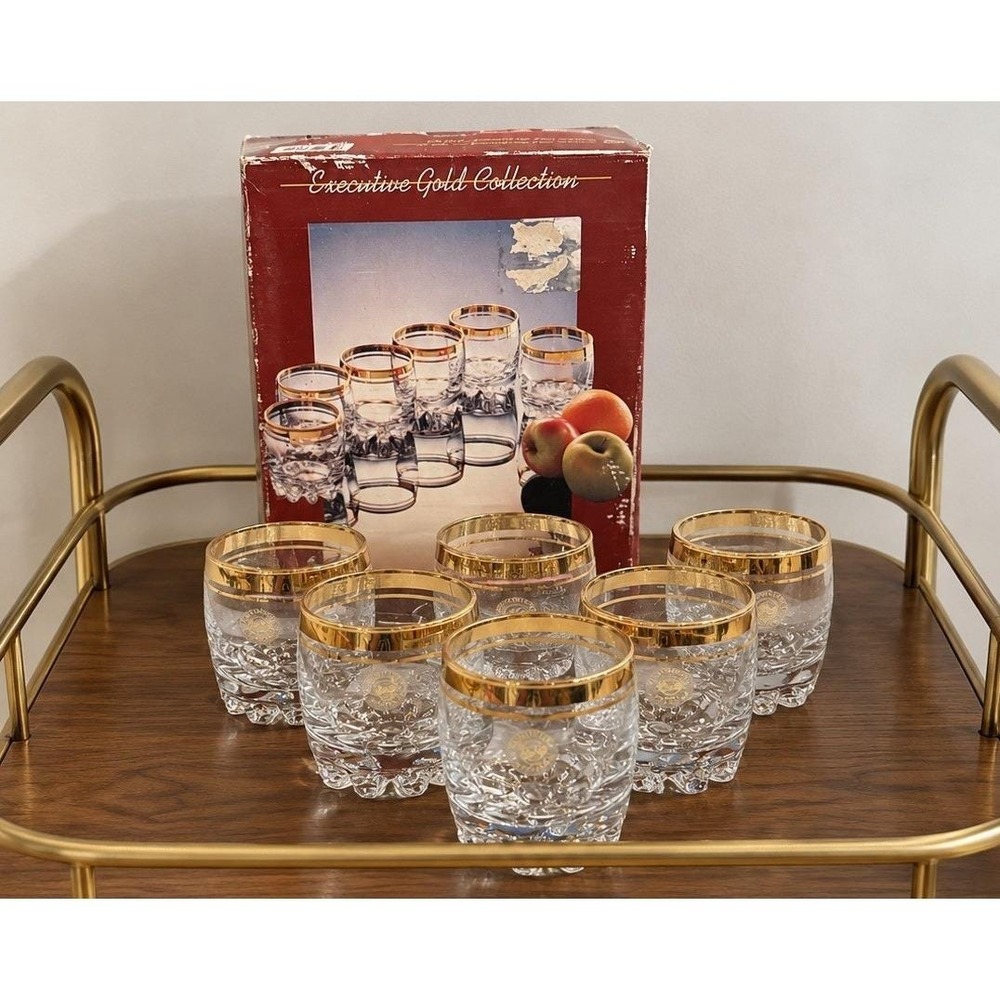 VTG Pasabahce Circle Lowball Whiskey Glasses Gold Rim Lugged Base Lot of 6 W/Box